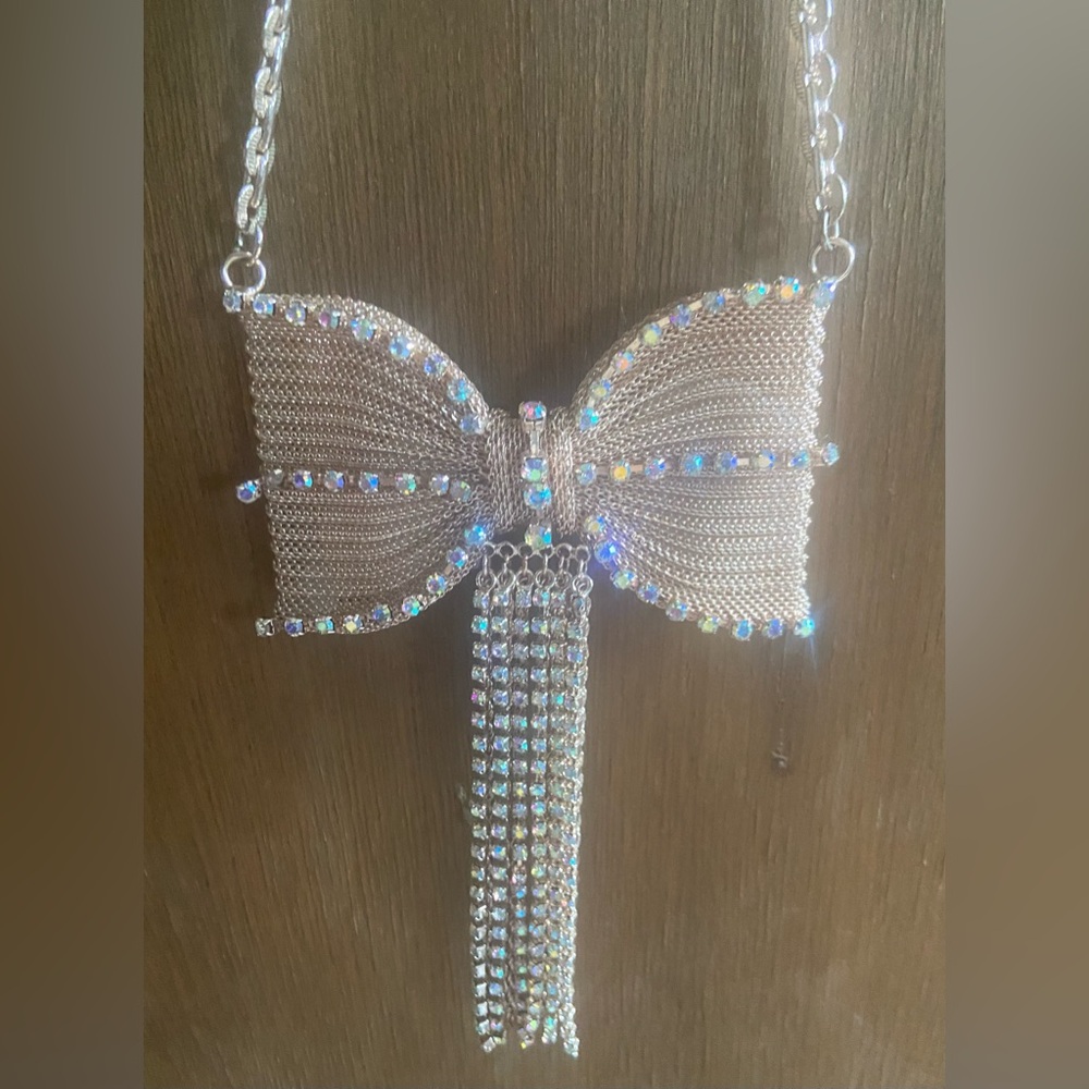 Betsey Johnson Rose Gold Metal Mesh Bow Statement Necklace